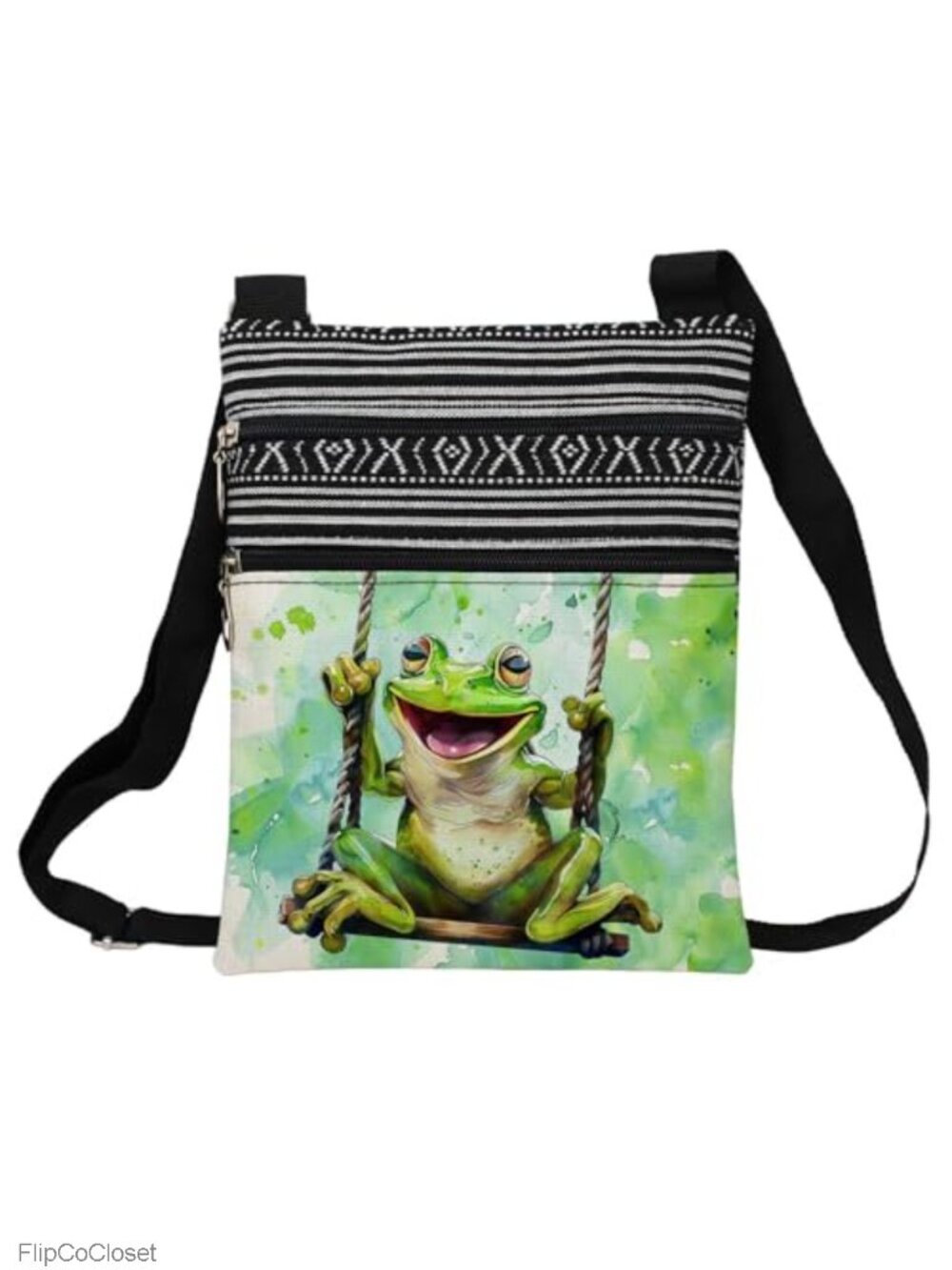 Frog Printed Small Polyester Crossbody Bag Adjustable Strap Zipper Ethnic